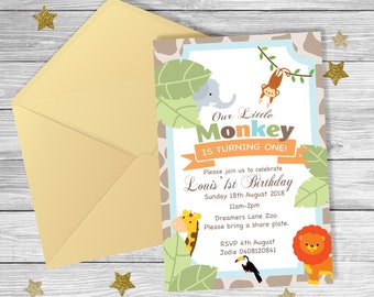 Monkey Zoo Animals FIRST Birthday Invitation {Digital File}  BOY Party Printable