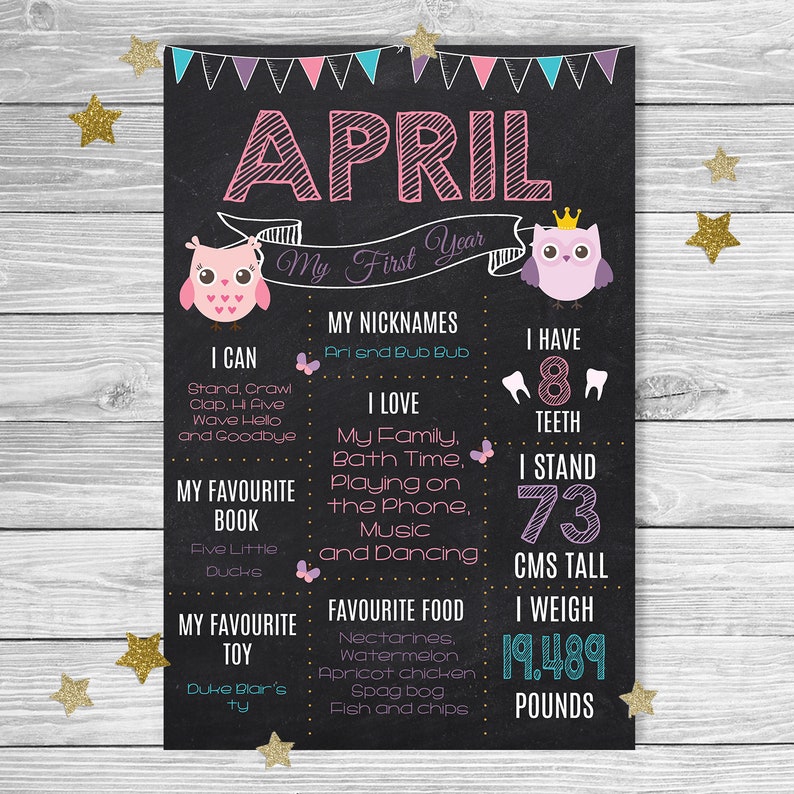 Owl Baby Girl First Birthday Milestone Board Chalkboard Print Personalised Party Printable