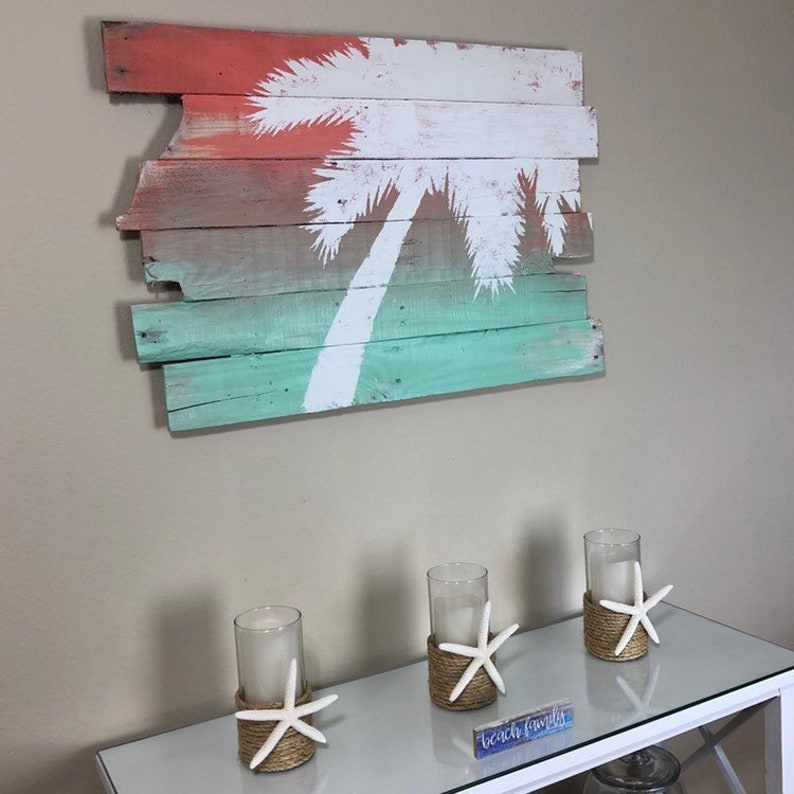 Beach Decor Palm Tree on Coral Sunset Over Turquoise Sea Tropical Wall Hanging Right Lean Palm Tree 21'L x 32'W - Beach decor, Beach house 