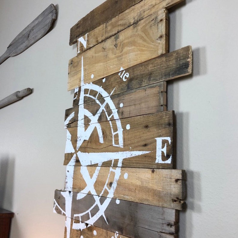 Nautical Decor Compass Rose White on Natural Wood  43'L x 24'W Beach Decor, Nautical, Beachy, Sea Sign, North South East West, reclaimed 