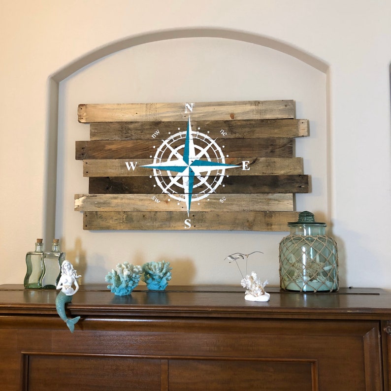 Nautical Decor Compass Rose White and Teal on Natural Wood  24'L x 43'W Beach Decor, Nautical, Beachy, North, South, East, West, Reclaimed 