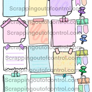 May include: A set of 10 colourful digital paper notepads with different patterns and textures. The notepads are decorated with various embellishments, including tape, push pins, and paper clips. The notepads are labelled with the website "scrappingoutofcontrol.com".