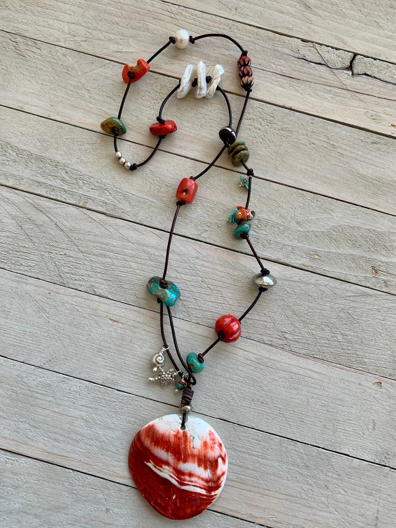 LadeDAH! pearls Large spiny oyster pendant hand knotted on to leather cord with turquoise bone coral and Ethiopian silver wood Cortez