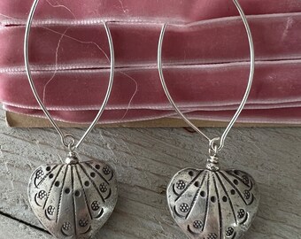 Thai silver stamped heart drop earrings fine silver Valentine's Day handmade OOAK by ladeDAH! Jewelry. Anniversary gift, bridesmaid gift.