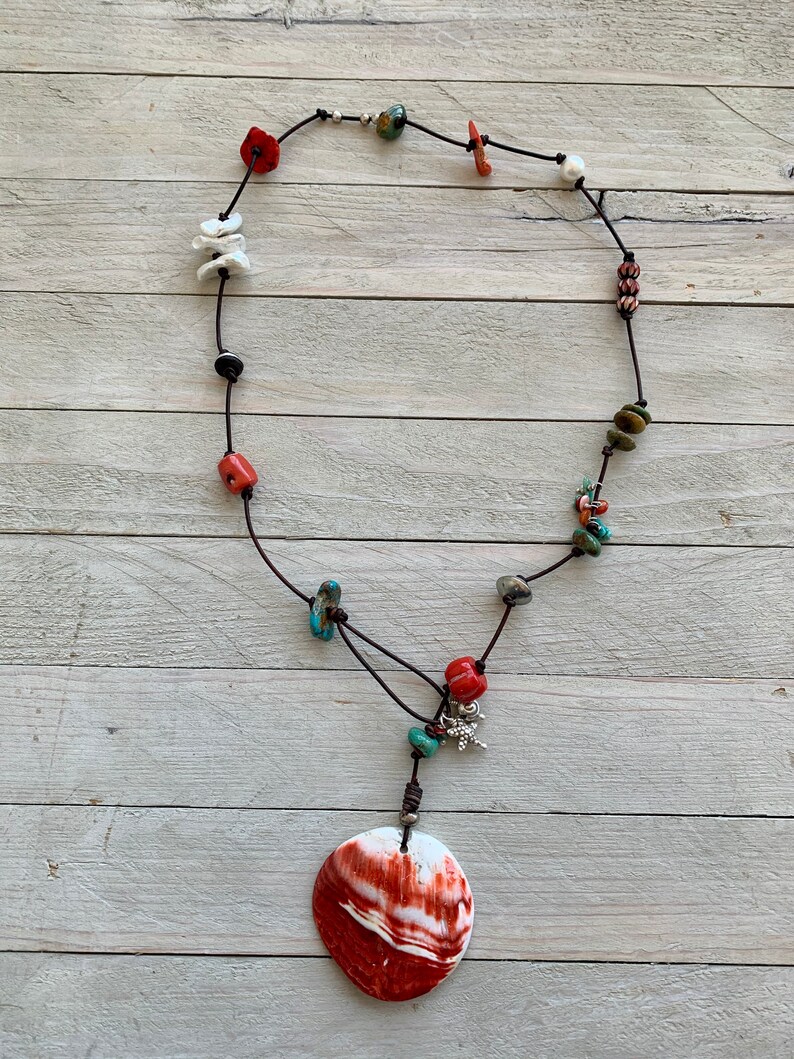 LadeDAH! pearls Large spiny oyster pendant hand knotted on to leather cord with turquoise bone coral and Ethiopian silver wood Cortez