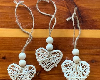 Set of 3 neutral heart ornaments / farmhouse ornaments / Christmas ornaments