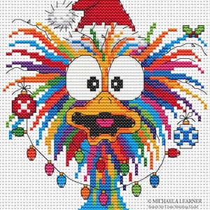 May include: A cross-stitch design of a colorful, cartoonish bird wearing a Santa hat. The bird has large eyes, a yellow beak, and a garland of Christmas lights. Ornaments hang on either side of the bird.