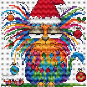 May include: A cross-stitch design of a cat wearing a red Santa hat, with rainbow-coloured fur and Christmas lights. The cat is surrounded by Christmas ornaments, set against a white background.