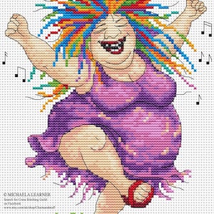 以下が含まれることがあります： カラフルな髪と紫色のドレスを着た踊る女性のクロスステッチ画像。女性は笑顔で腕を上げています。赤いサンダルと音符も表示されています。画像内のテキストは「MICHAELA-LEARNER Search for Gross Stitching Guild.」と書かれています。