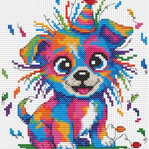 May include: A colorful cross-stitch pattern of a puppy wearing a party hat. The puppy is rendered in vibrant shades of blue, pink, orange, and yellow. Confetti and string lights add to the festive theme. The design is on a white background.