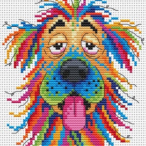May include: A colorful cross-stitch pattern of a dog's face. The dog has a black nose, pink tongue, and sad eyes. The dog's fur is a mix of rainbow colors, including blue, green, orange, and pink. The background is white.