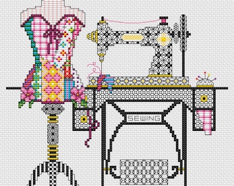 May include: A cross stitch pattern featuring a black and white sewing machine with a yellow accent and a pink and white dress form. The sewing machine has the word "SEWING" printed on it. The pattern is by Michaela Learner.