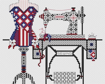 Red White and Blue Patchwork Sewing Room Cross Stitch Pattern. Instant PDF Download