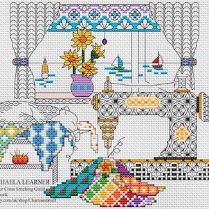 May include: Cross stitch pattern featuring a sewing machine, a cat sleeping on a colorful quilt, and a vase of sunflowers in front of a window. The pattern includes the text "MICHAELALEARNER" and "Search for Cross Stitching Guild on Facebook".