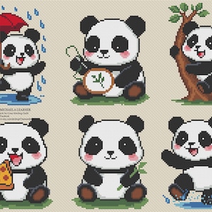 May include: A collection of six cross-stitch panda bear designs. Each panda is depicted in a different pose, including holding an umbrella, a sign, hugging a tree, eating pizza, holding bamboo, and dancing in the rain. The pandas are black, white, and pink.