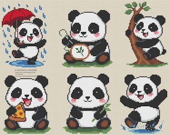 Colección de patrones de punto de cruz de Pandas, adorables como un botón. Descarga instantánea en PDF.