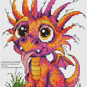 May include: A cross-stitch pattern featuring a cartoon dragon with large eyes, a protruding tongue, and spiky crest. The dragon is colored in vibrant shades of orange, pink, and purple. Text on the left reads: © MICHAELA LEARNER Search for Cross Stitching Guild on Facebook www.etsy.com/dk/shop/ChartSandStuff