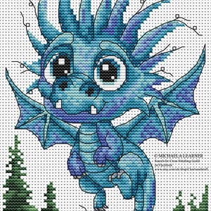 May include: A cross-stitch pattern featuring a blue dragon with large eyes and spiky hair, flying above green trees. The text reads: ©MICHAELA LEARNER, Search for Cross Stitching Guild on Facebook, www.etsy.com/uk/shop/Chartsandstuff.