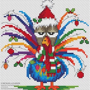 May include: Cross-stitch design featuring a turkey in a Santa hat and scarf. The turkey's feathers are a vibrant rainbow, decorated with Christmas lights and holly. The pattern is set against a white backdrop.
