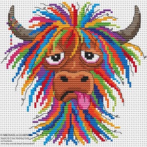 May include: Cross-stitch design of a Highland cow with a colorful rainbow mane and a sad expression. The cow has brown fur, horns, and a pink tongue sticking out. The background is white.