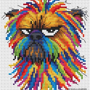 May include: A colorful cross-stitch pattern of a grumpy-looking dog's face. The design features a vibrant array of colors, including orange, yellow, blue, green, and purple, creating a striking and detailed image. The dog's expression is emphasized with white eyes and black details.