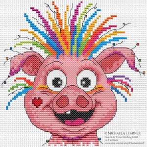 May include: Cross-stitch design of a pink pig with a colorful mohawk and a big smile. The pig has large, wide eyes and a heart-shaped patch on its cheek. The design is on a white background.