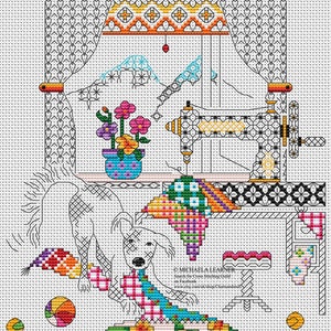 May include: A cross stitch pattern featuring a colorful sewing machine, a potted flower, and a dog playing with a ball. The text "Michaela Learner" is visible in the bottom right corner of the image.