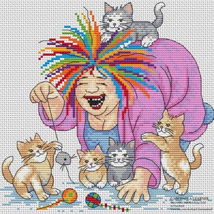 May include: Cross-stitch design featuring a woman with rainbow hair and a pink outfit, surrounded by playful cats. The cats are in various poses, interacting with toys. The design has a whimsical and colorful aesthetic.