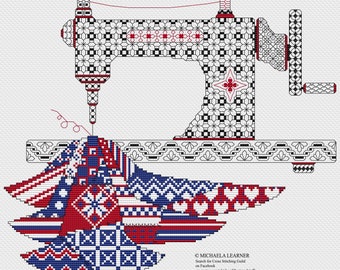 Red White and Blue Patchwork Sewing Machine Cross Stitch Pattern PDF Download File