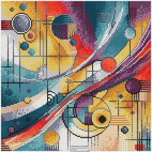 May include: Abstract cross stitch pattern with a colourful design featuring red, yellow, blue, and purple hues. The pattern includes geometric shapes, circles, and lines.