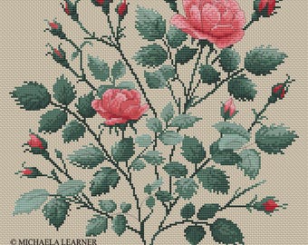 Delicate Dusky Rose cross stitch pattern. PDF instant download