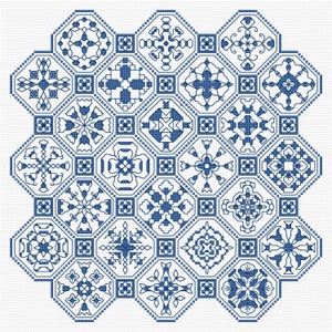 Puede incluir: Un patrón geométrico azul y blanco con un diseño hexagonal. El patrón está formado por varias formas y diseños, incluyendo estrellas, flores y cruces.