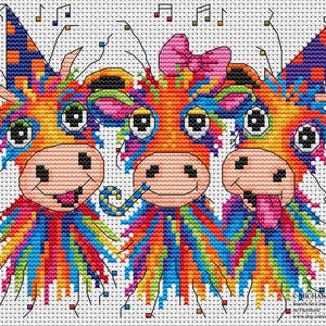 May include: A colorful cross-stitch pattern featuring three whimsical cows. Each cow has a party hat, a party blower, and a unique expression. The cows are rendered in vibrant rainbow hues, with musical notes scattered above.