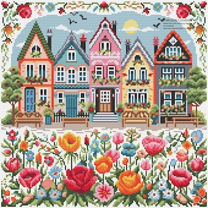 May include: A cross-stitch pattern featuring a row of colorful houses with flowers and a garden in the foreground. The houses have different colors, including pink, blue, yellow, and gray. The garden has a variety of flowers, including red, yellow, and blue.
