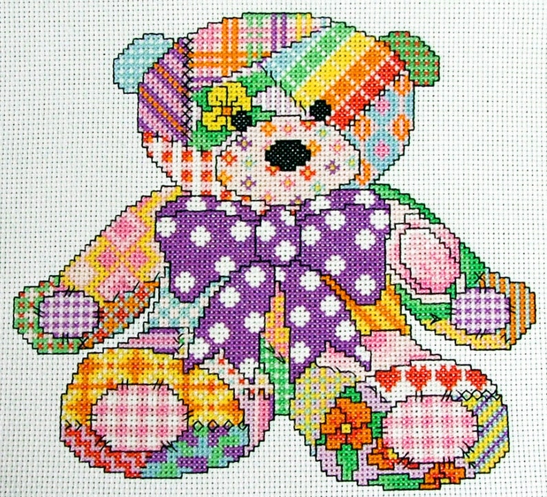 Cute Patchwork Teddy Bear Cross Stitch Pattern, Instant Download PDF image 1
