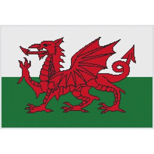 May include: A red dragon with black outlines on a white and green background. The dragon is facing left and has its wings spread out. The flag is a representation of the Welsh flag.