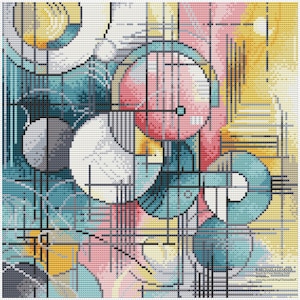 Puede incluir: Arte geométrico abstracto con círculos superpuestos en tonos de azul, amarillo, rosa y blanco. Los círculos están delineados con líneas negras y blancas, creando un patrón de cuadrícula.