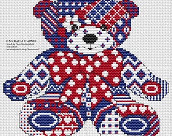 Red White and Blue Patchwork Teddy Bear Cross Stitch Pattern, Instant Download PDF