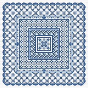 May include: A square, white cross-stitch design with intricate blue geometric patterns. The design features a series of nested squares, each with unique borders and central motifs. The overall aesthetic is symmetrical and detailed.