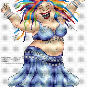 May include: A cross-stitch pattern featuring a laughing figure with vibrant rainbow-colored hair, wearing a blue two-piece outfit adorned with silver coins. The design includes text reading MICHAELA LEARNER, Search For Cross Stitching Guild, on Facebook, and www.etsy.com/uk/shop/Charlsandstuff.