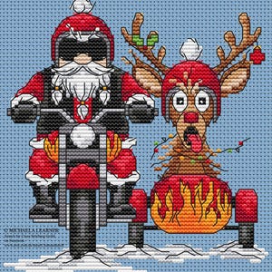 May include: Cross-stitch image of Santa Claus riding a motorcycle with a reindeer passenger. Santa is in a red helmet and suit, and the reindeer wears a red helmet and Christmas lights. The motorcycle has a sidecar with flames.