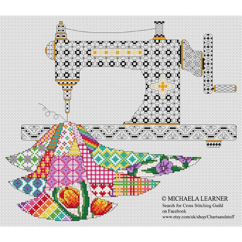 Patchwork naaimachine Cross Stitch Instant Download PDF-patroon afbeelding 1