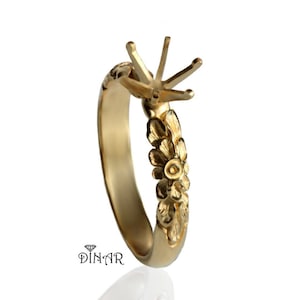 14k gold ring setting without gemstone, Floral Ring setting Vintage gold Engagement ring, 18k gold ring setting, engraved leafs and flowers