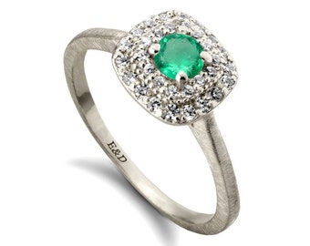 Emerald and diamonds engagement ring, 14k gold natural gemstones emerald diamonds ring, emerald or blue sapphire gold thin right hand ring