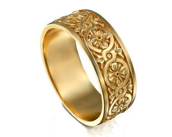 Celtic Knot flowers gold wedding ring, wide floral gold men ring , engraved knot gold band, celtic wedding ring 14k solid gold , celtic ring