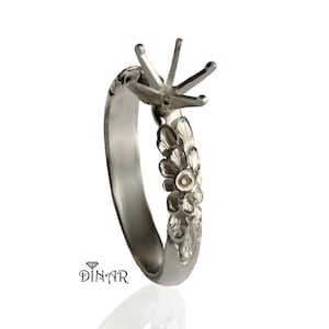 14k white gold ring setting , Floral Ring setting, white gold Engagement ring, 18k gold ring setting, hand engraved leaf and flower setting