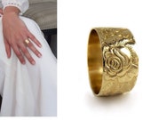 Rose flower 18k gold engraved wide wedding ring band ,victorian style leaves flowers band , women floral solid gold band