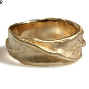 18k solid Gold brushed gold rustic ring, thick band, folded texture satin finish, matte finish, unique wedding band for men and women