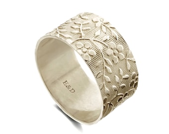 Silver Flowers wide wedding ring , engraved floral sterling silver band, flowers leaves womens ring, wide textured leaves silver ring