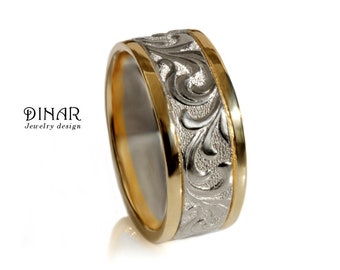 Engraved Mens Wedding Band 14k Gold Vintage Design 7mm Wide Etsy